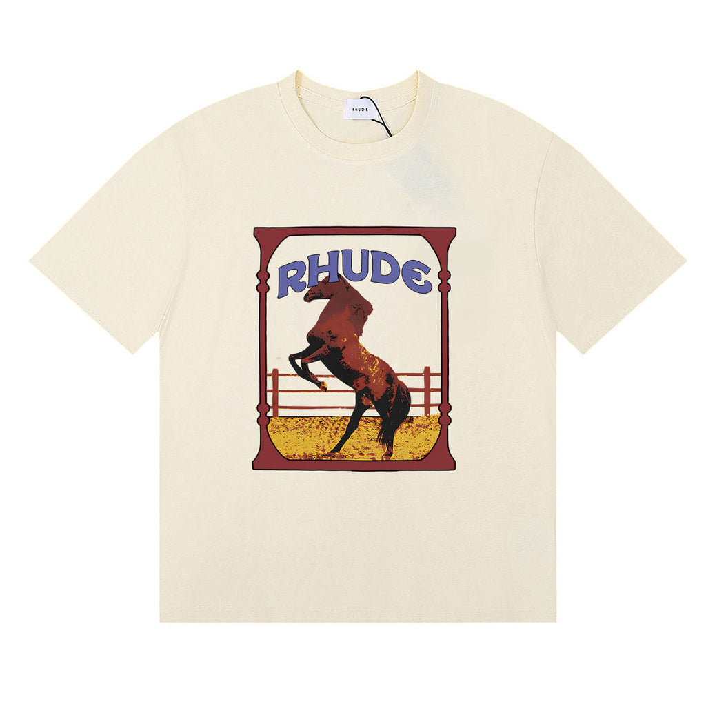 Rhude T-shirts Horse Frame Printing Cotton Casual Short Sleeve Men and Women