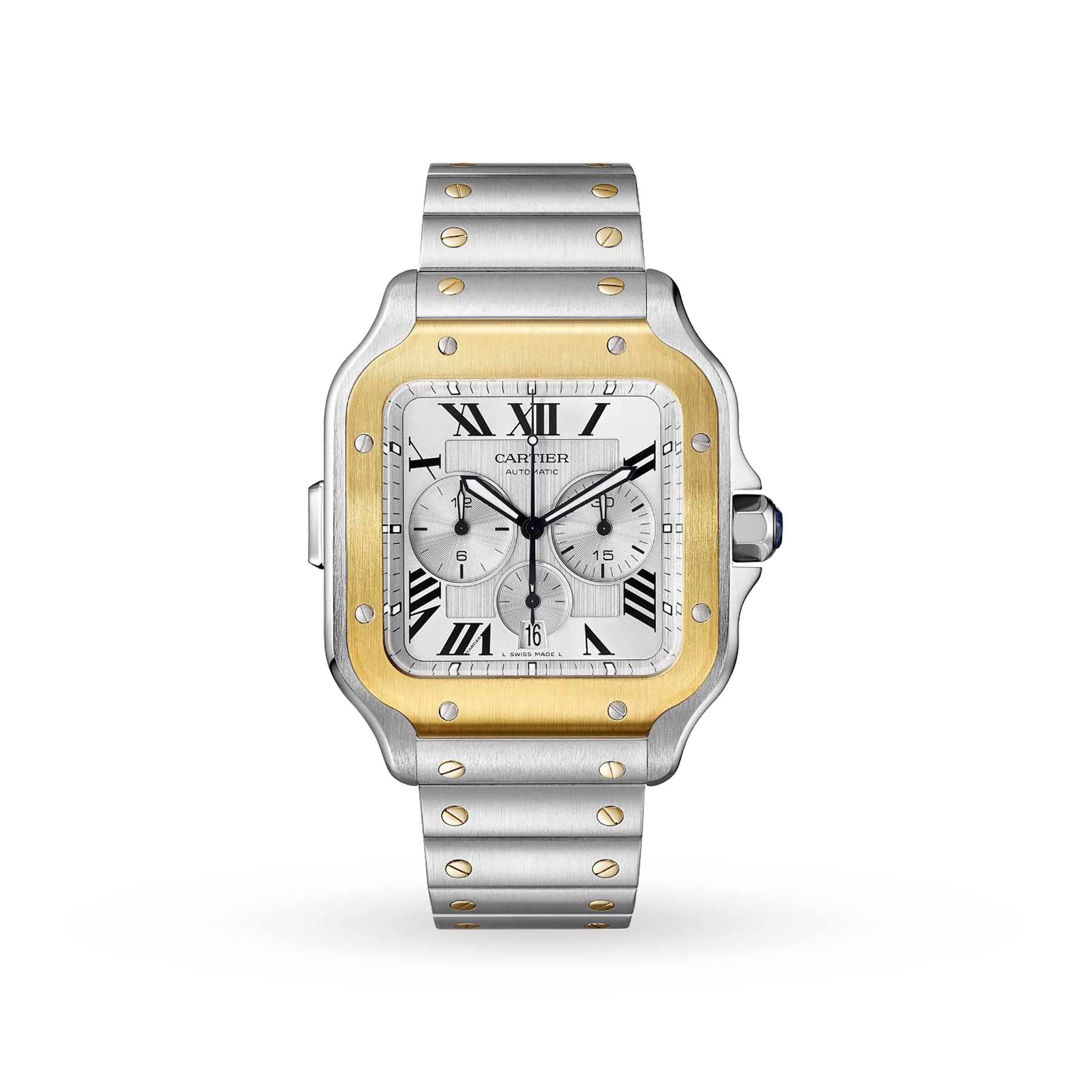 Santos de Cartier Chronograph Watch - 43mm, Two - Tone Steel & 18K Yellow Gold, Silver Dial