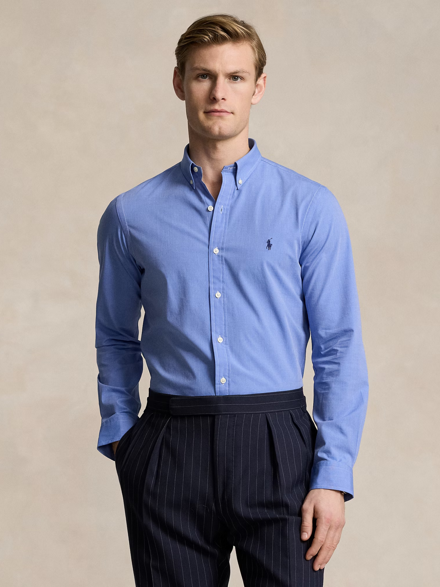 RALPH LAUREN Slim Fit Stretch End-On-End Shirt Blue End On End