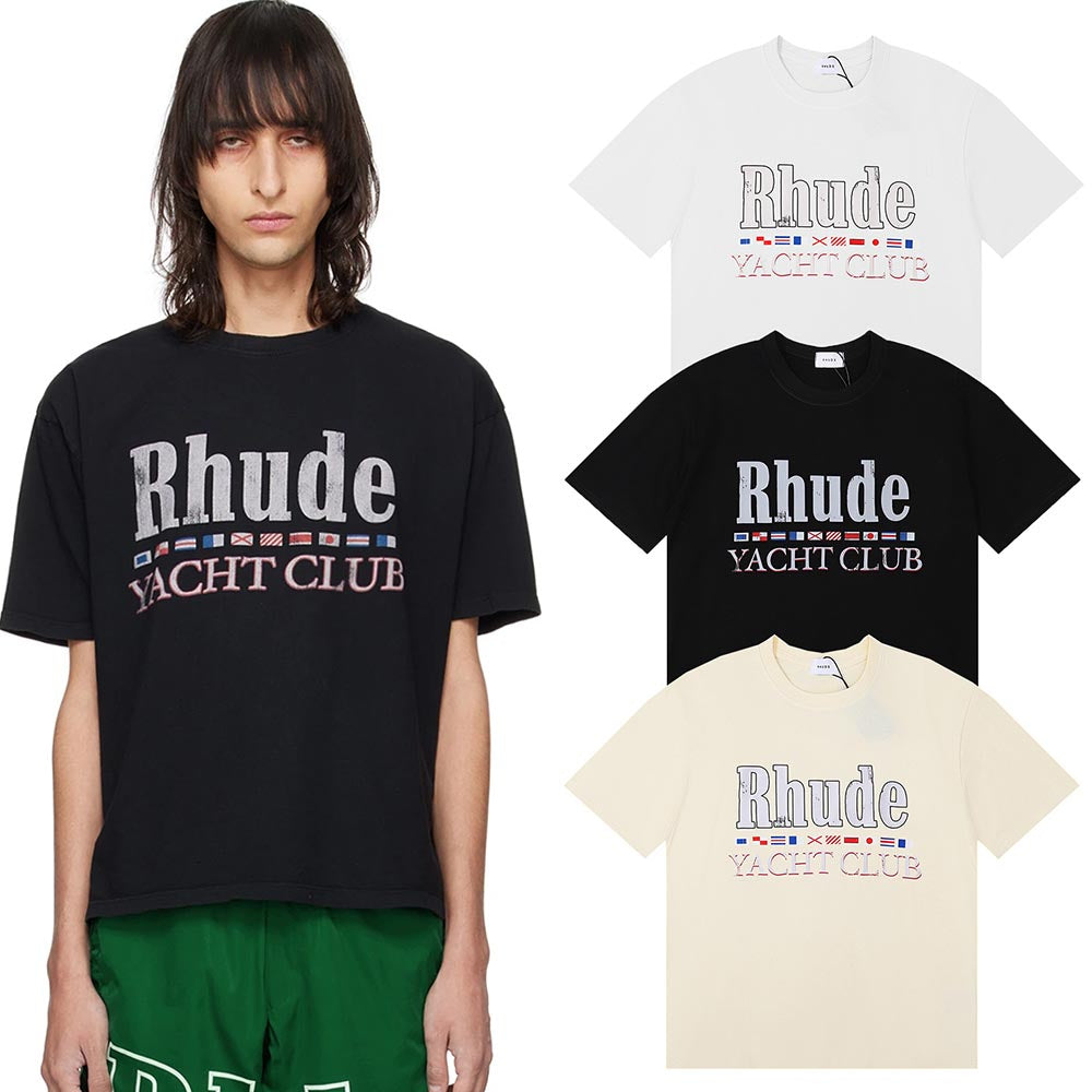 Rhude T-shirts Flag Printing Cotton Casual Short Sleeves Men and Women
