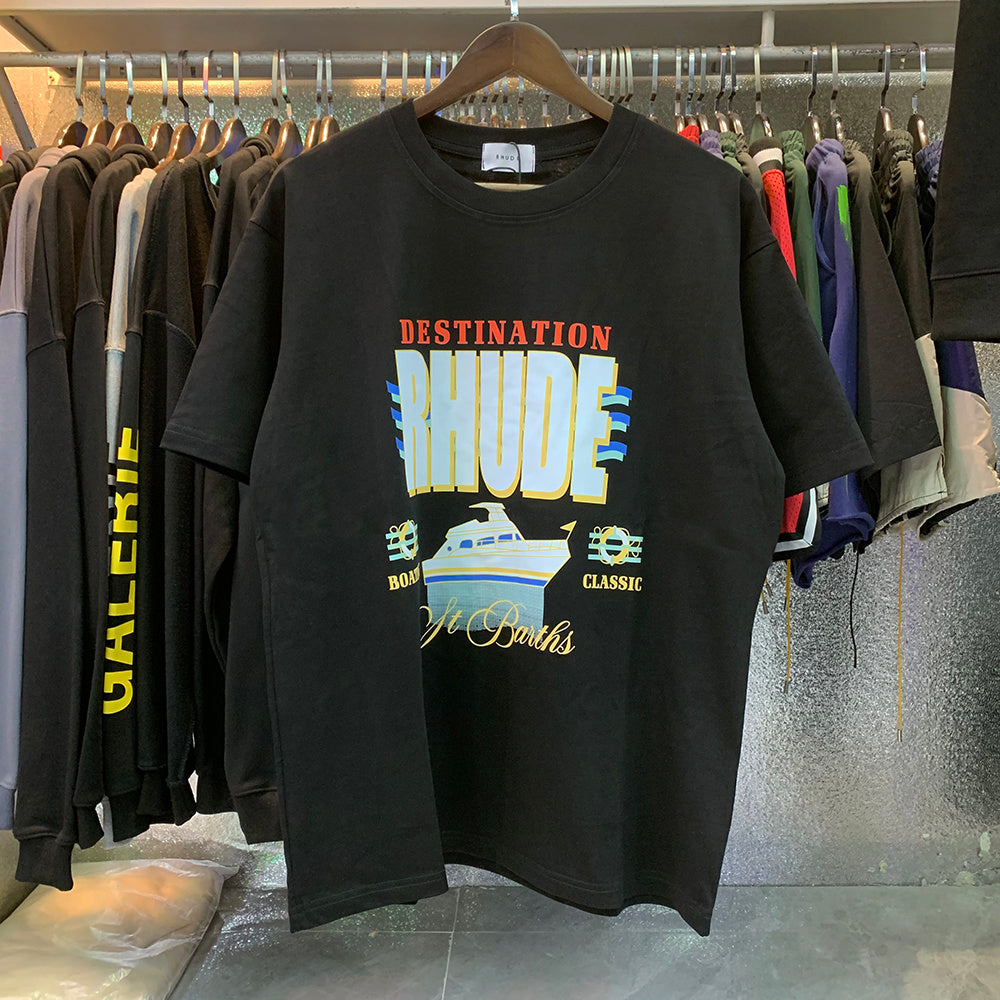 Rhude T-shirts Yacht Printing Cotton Loose Short Sleeves Men and Women