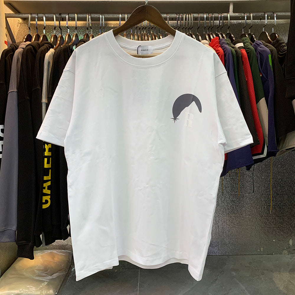 Rhude T-shirts Black Moon Print Loose Casual Short Sleeve Men and Women
