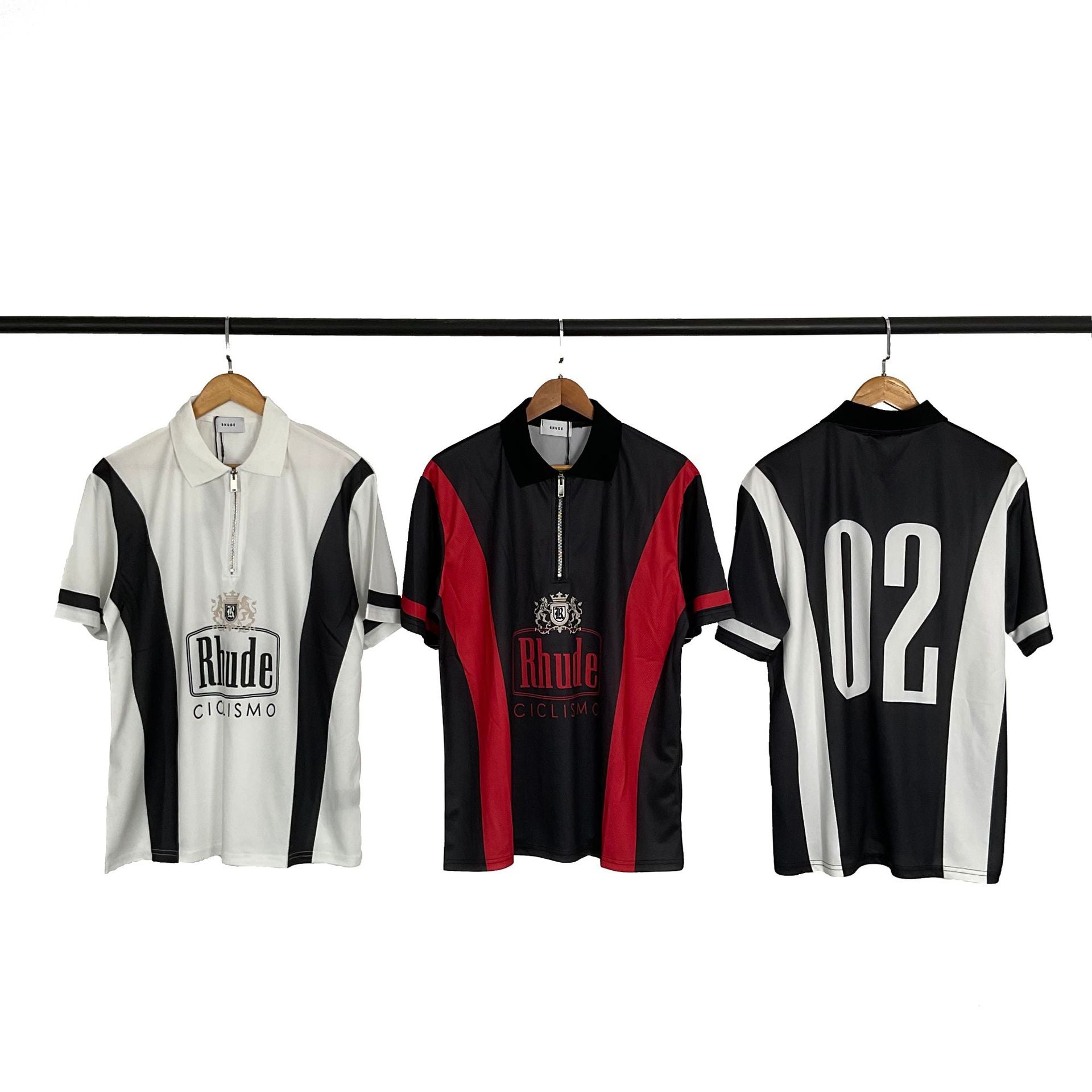 Rhude T-shirt Cross-border European and American trendy brand RHUDE badge letter half zipper mesh lapel short-sleeved T-shirt men's and women's high street polo shirt