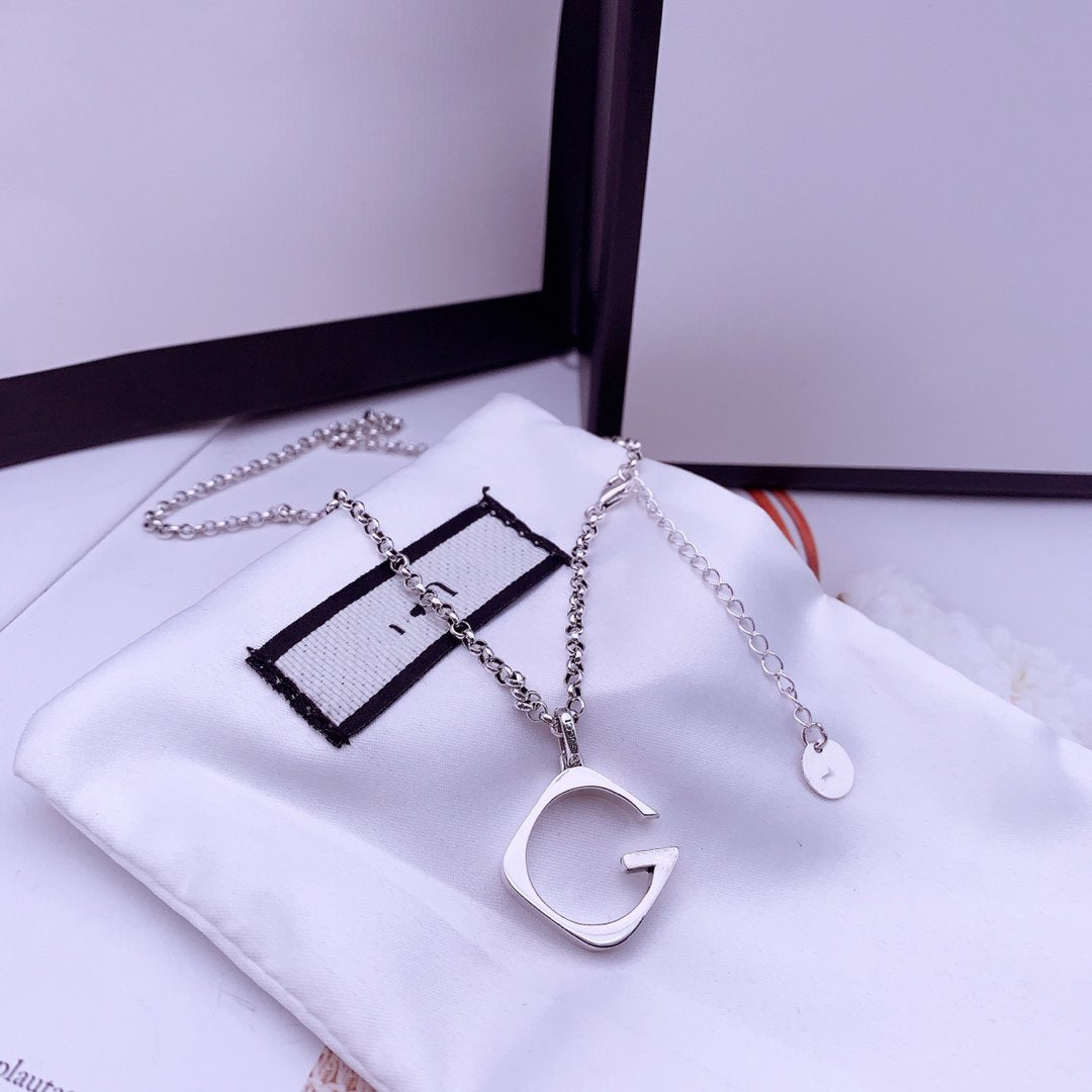 Gucci GG Pendant Necklace Logo Engraved G Charm Top Plate Silver