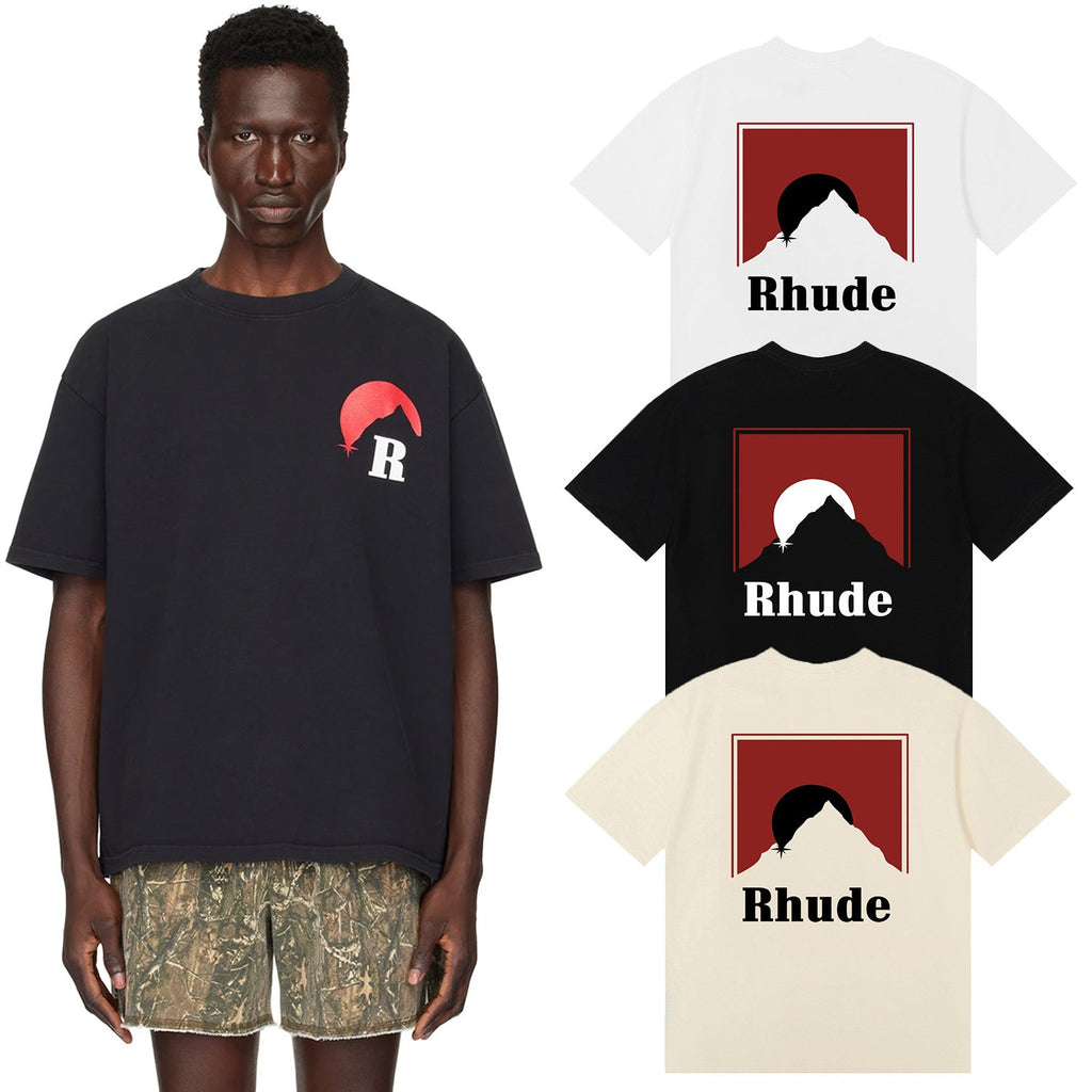 Rhude T-shirts Red Sunset Print Cotton Casual Short Sleeve Men and Women