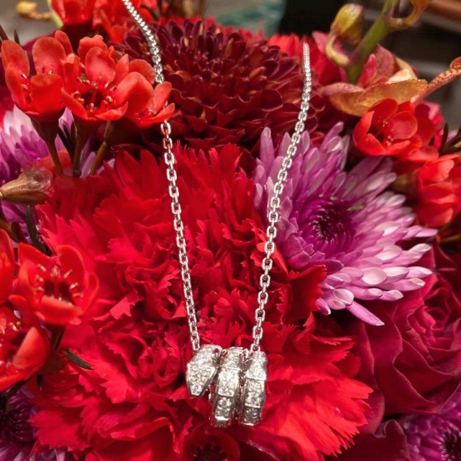 Bvlgari Serpenti Silver Necklace Double Ring Cubic Zirconia