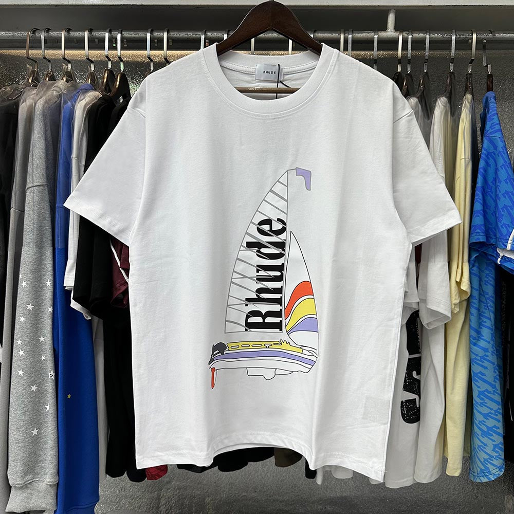 Rhude T-shirts Sailing Printed Cotton Casual Short Sleeves Men and Women