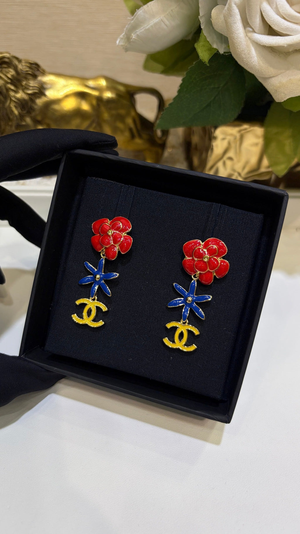 Chanel 2026 Gold Double C Enamel Flower Long Stud Earrings