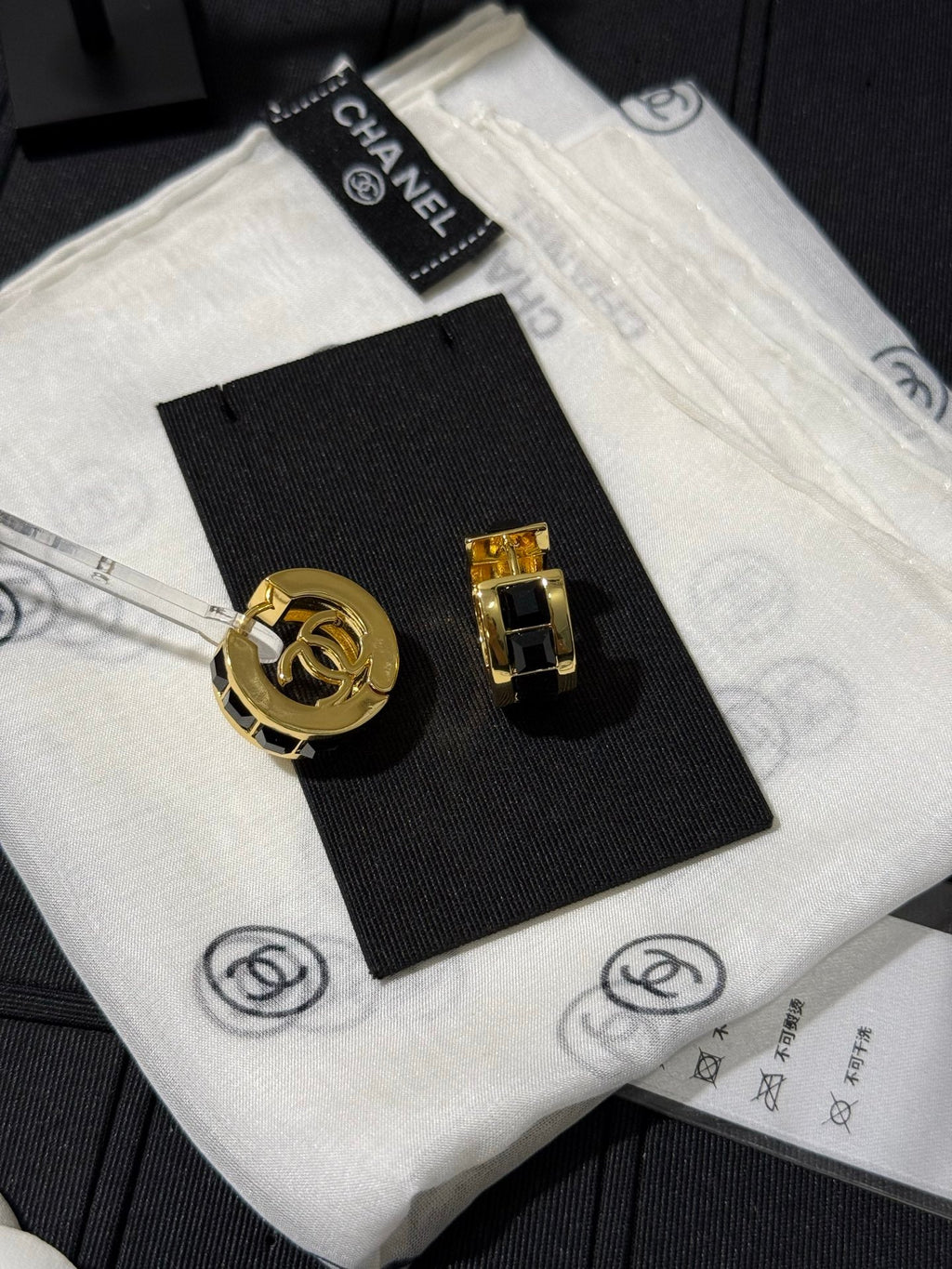 Chanel 2026 Black Square Diamond Gold Double C Hoop Stud Earrings