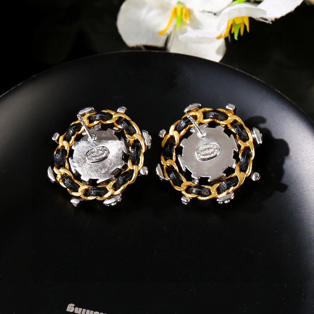 Chanel Mini Stud Silver Gold Black Diamond Earring