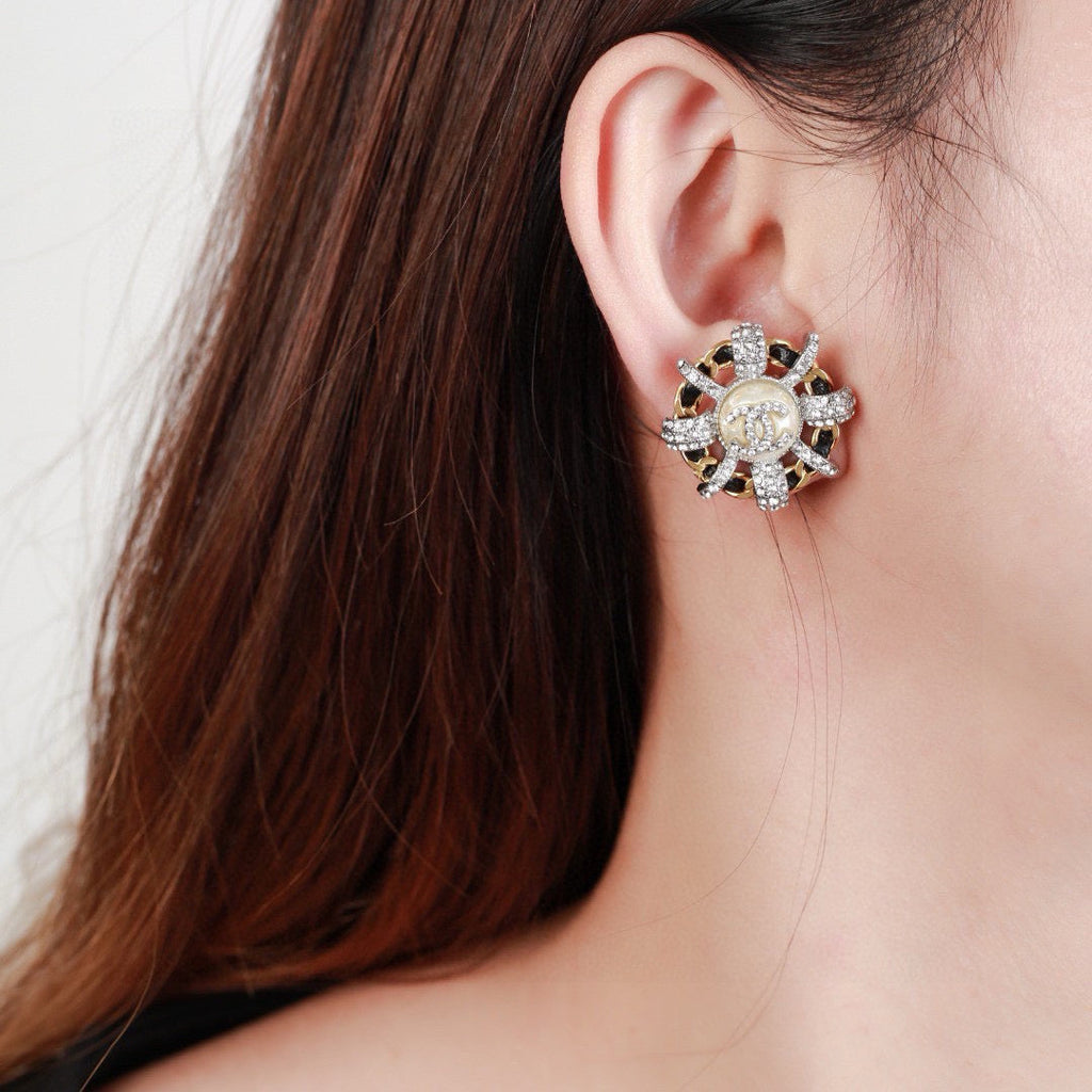 Chanel Mini Stud Silver Gold Black Diamond Earring
