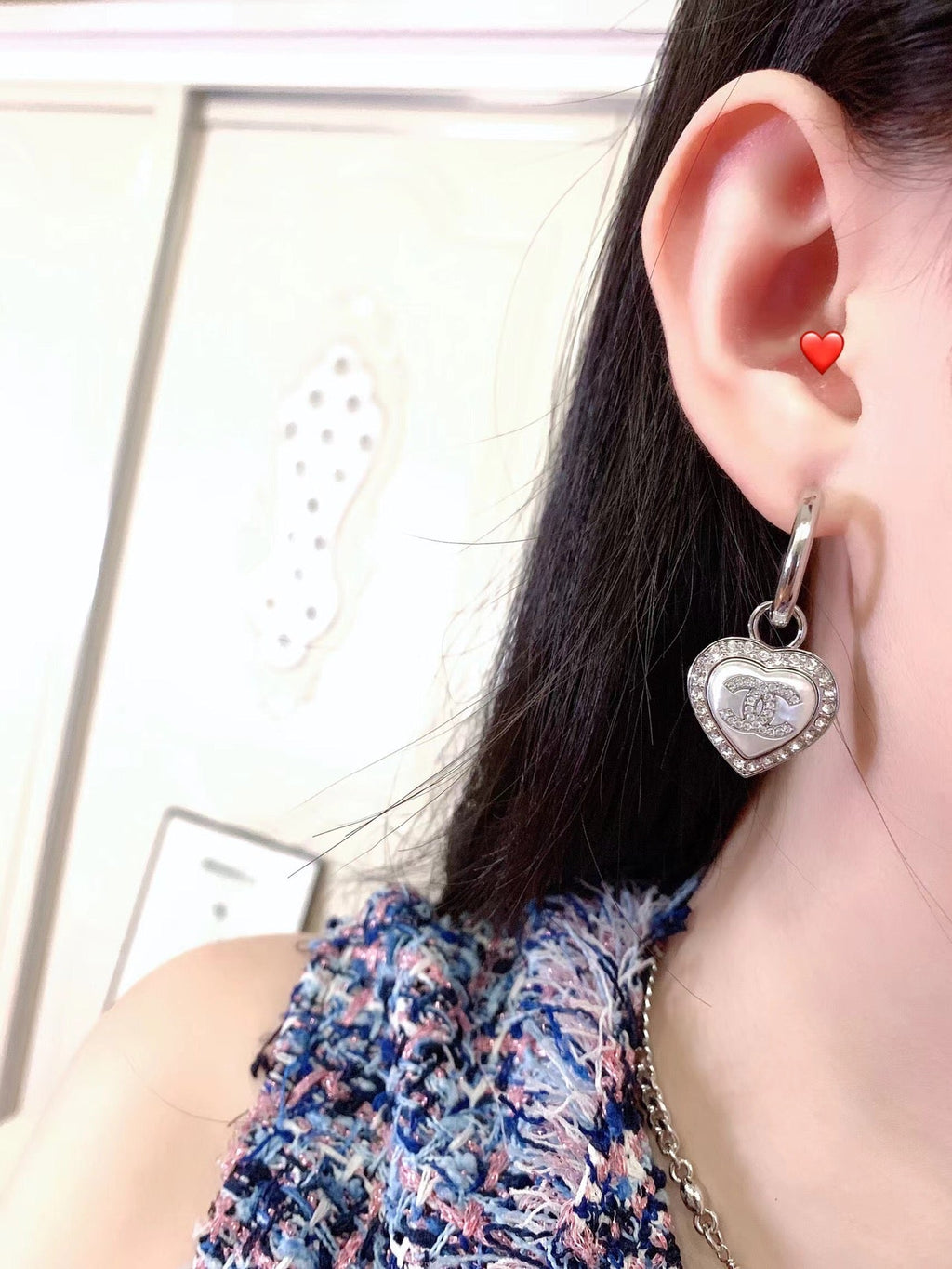 Chanel Double C Drop Heart Silver Diamonds Earrings